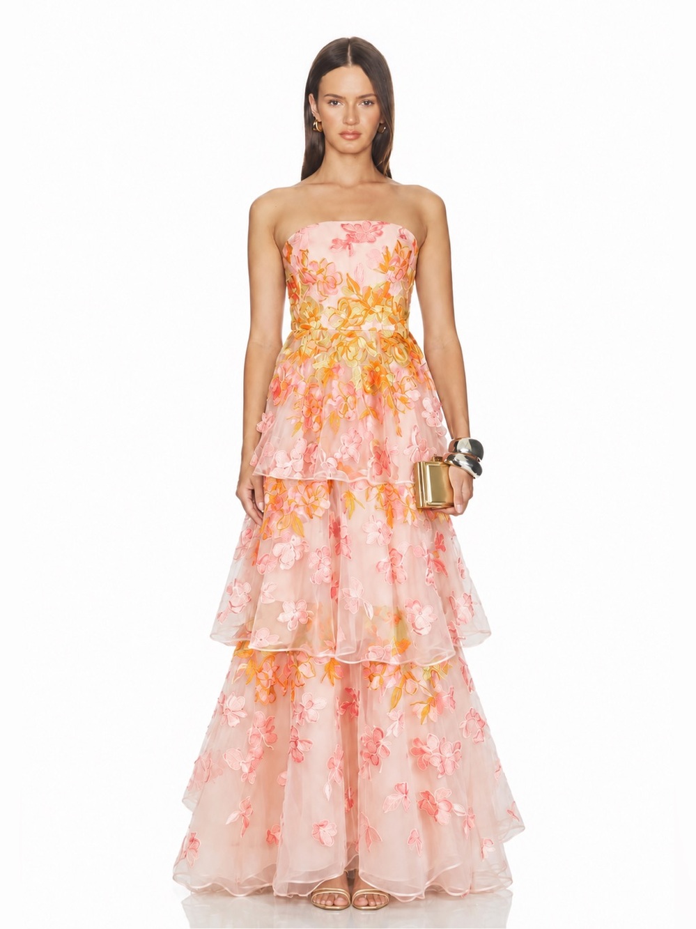 Marchesa Notte Falling Flowers Tiered Gown